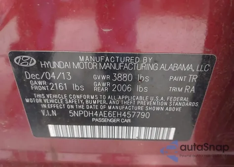 2014 Hyundai Elantra Se from USA, damaged, VIN 5NPDH4AE6EH457790